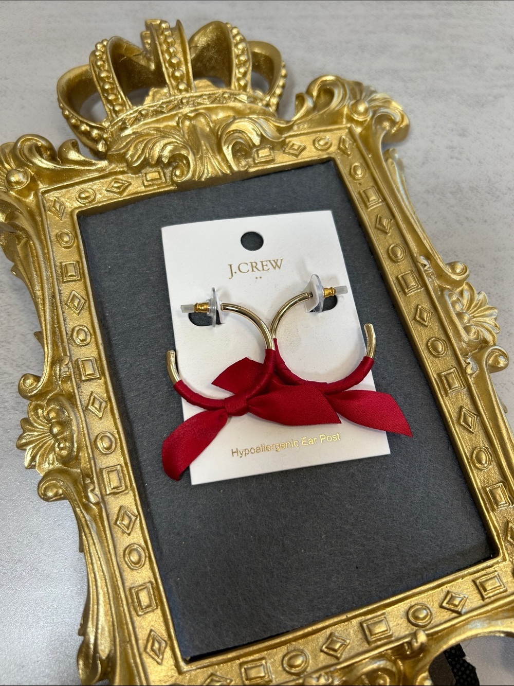 J. Crew Gold Hoop Earrings with Red Ribbon Ties